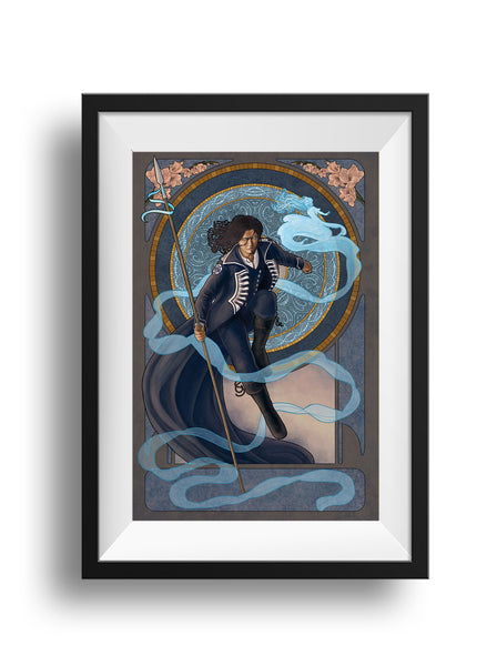 A framed print of Kaladin Stormblessed from Stormlight Archive flies, holding a spear, in the middle of an art nouveau frame with gladiolus flowers and a mosaic with wind motifs. Syl circles him with a trail floating behind her.