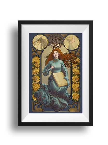 A framed image of Shallan Davar drawn after the art nouveau style. She is sitting, wearing a teal gown that shifts colors in the draping at her feet. Her red hair flares out behind her in art nouveau curls. She has a large sketch pad in her lap with two faint sword sketches on the paper. Her right hand is up with a pen in hand. She's looking up toward her spren Pattern above, who is represented in a complex, curving, repeating pattern.