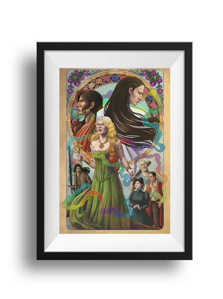 A framed print of an art nouveau-styled piece featuring the seven major characters from Warbreaker. Siri stands in a green dress, her hair changing colors, yellow gerberas in her hand. A rainbow ribbon of Breath moves around from the Returned above down around Vasher and Nightblood, Vivenna, Tonk Fa, and Denth. Flowers adorn upper parts of the frame.