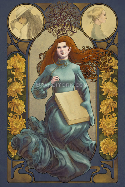 Shallan Davar from the Stormlight Archive, drawn after the art nouveau style. She is sitting, wearing a teal gown that shifts colors in the draping at her feet. Her red hair flares out behind her in art nouveau curls. She has a large sketch pad in her lap with two faint sword sketches on the paper. Her right hand is up with a pen in hand. She's looking up toward her spren Pattern above, who is represented in a complex, curving, repeating pattern. There are two circles in the frame above her to each side.