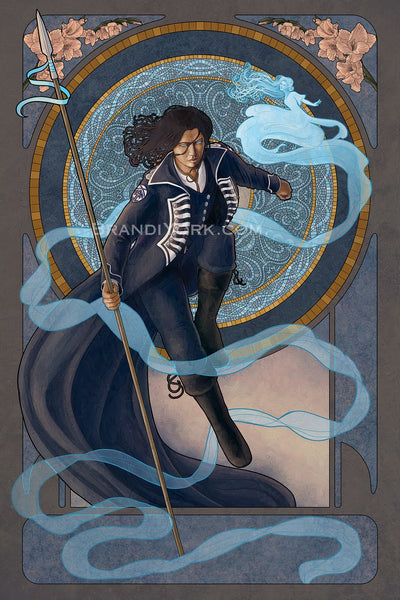 Kaladin Stormblessed from Stormlight Archive flies, holding a spear, in the middle of an art nouveau frame with gladiolus flowers and a mosaic with wind motifs. Syl circles him with a trail floating behind her.