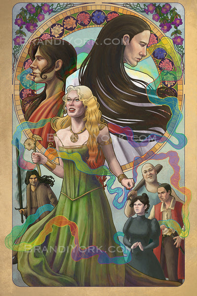 An art nouveau-styled piece featuring the seven major characters from Warbreaker. Siri stands in a green dress, her hair changing colors, yellow gerberas in her hand. A rainbow ribbon of Breath moves around from the Returned above down around Vasher and Nightblood, Vivenna, Tonk Fa, and Denth. Flowers adorn upper parts of the frame.