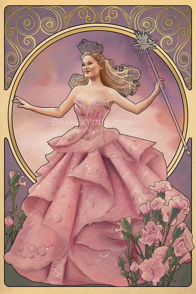 Glinda from Wicked, in her pink bubble gown. Her arms are stretched out to either side, her right hand held up delicately, her left holding her wand. Near the bottom of the gown on both sides are pink carnations. Behind her is a circular frame with a pink sunset, and above, the same swirling pattern as Elphaba's piece.