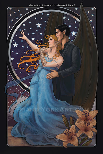 An Art Nouveau-styled piece featuring Feyre, in a blue gown, and Rhysand in a black suit with his wings out. Feyre reaches toward a star filled sky above snow-capped mountains in a silver frame behind the figures. In the corner are orange lilies, which mean “desire and passion” in Victorian floral symbolism.