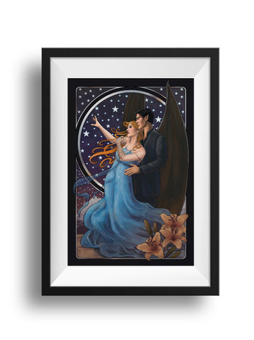 A framed image of an Art Nouveau-styled piece featuring Feyre, in a blue gown, and Rhysand in a black suit with his wings out. Feyre reaches toward a star filled sky above snow-capped mountains in a silver frame behind the figures. In the corner are orange lilies, which mean “desire and passion” in Victorian floral symbolism.