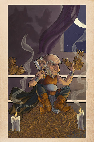 Chetney sits upon a pile of wood shavings, a chisel in one hand, a wooden ship held up in the other. Behind him is a window with a sliver of the moon shining through. On the far wall, a shadow of a werewolf rises up.