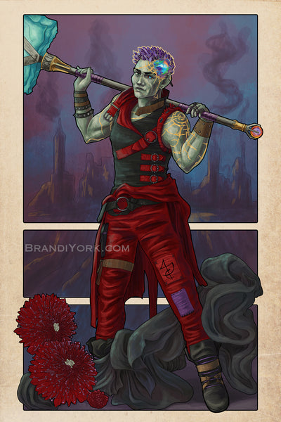 Ashton stands among the folds of the portable hole, his hammer resting upon his shoulders. Mourning bride flowers decorate the bottom corner, while a smoking city looms in the background.