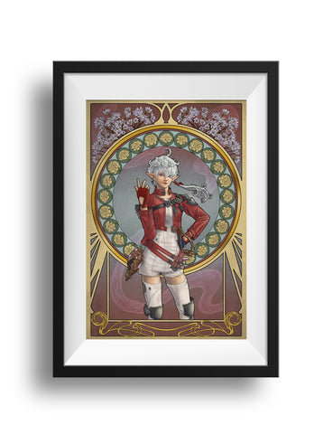 A framed print of Alisaie standing with one hand lifted, the other on her hip, glancing off to the side. Her flowers are liverwort for confidence and white marigolds for stubbornness.