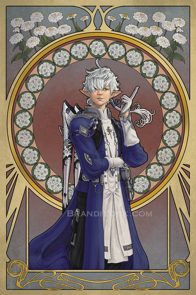 Alphinaud stands with his hand raised, a finger pointed up as he glances off to the side. Behind him, the colors fade from blue to red and back, two flowers adorning his frame - above, white zinnias for goodness, and geraniums for folly.