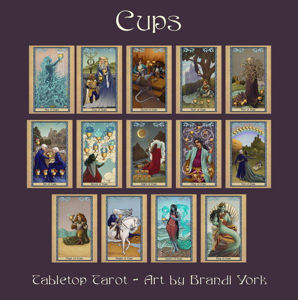16 cards from the Cups suit on a purple background