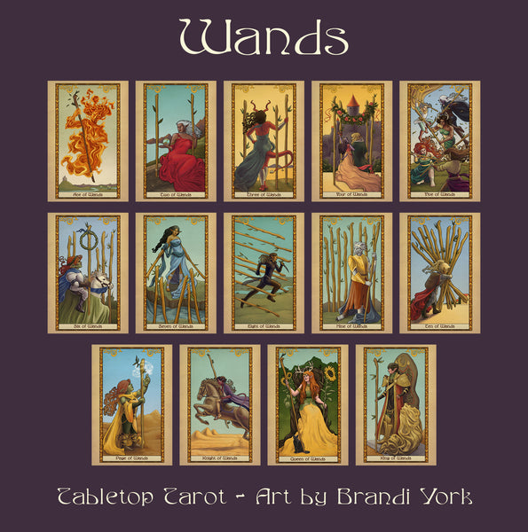 16 cards from the Wands suit on a purple background