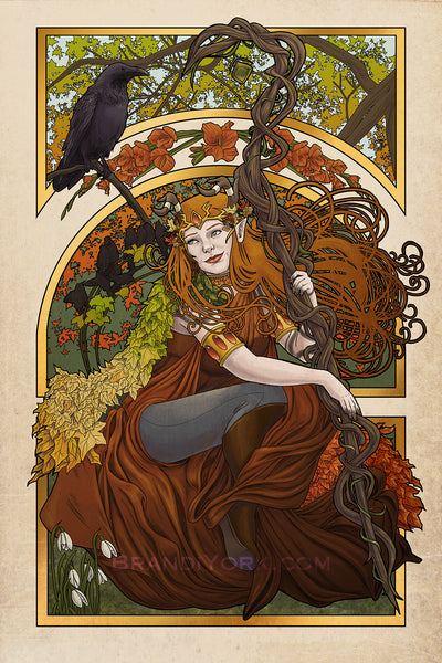 Art nouveau styled print of Keyleth from Critical Role, kneeling as she looks up toward a raven perched above her. She holds the Spire of Conflux. Behind her, more birds sit on branches and leaves fill the frame above. Snowdrops grow in the bottom left corner. Above her are gladiolus.