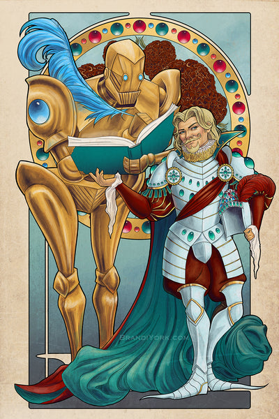 Tary stands poised in his brilliant armor, beside Doty. Doty holds a book and feathered quill, poised to write. Jewels and gold adorning the frame behind. Inside the frame are amaranth cockscombs, which mean "foppery and affection."