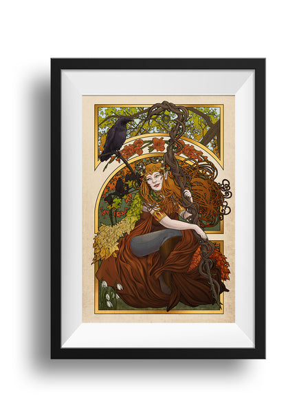 A black frame and white mat hold an art nouveau styled print of Keyleth from Critical Role, kneeling as she looks up toward a raven perched above her. She holds the Spire of Conflux. Behind her, more birds sit on branches and leaves fill the frame above. Snowdrops grow in the bottom left corner. Above her are gladiolus.