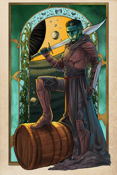 Art nouveau styled print of Fjord from Critical Role. He stands with his falchion over his shoulder, looking toward the viewer, one foot up on a barrel. Behind him is an archway surrounded by seaweed and a giant yellow eye with water bubbles around it.