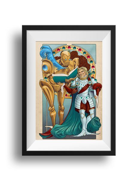 A black frame and white mat hold an art nouveau styled print ofTary stands poised in his brilliant armor, beside Doty. Doty holds a book and feathered quill, poised to write. Jewels and gold adorning the frame behind. Inside the frame are amaranth cockscombs, which mean "foppery and affection."