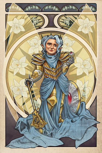 Art nouveau styled print of Pike from Critical Role, standing golden plate with rubies, her mace in hand, her shield at her side. Her translucent golden wings at rest behind her, with the nouveau frame filled with daffodils behind her, which mean "rebirth."