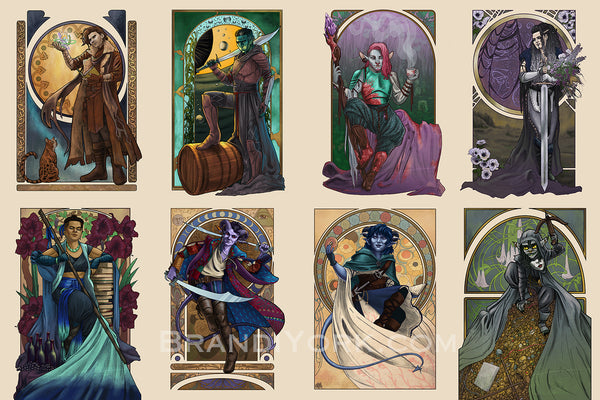 The 8 members of the Might Nein - Top Row: Caleb, Fjord, Caduceus, Yasha; Bottom Row: Beau, Molly, Jester, Nott