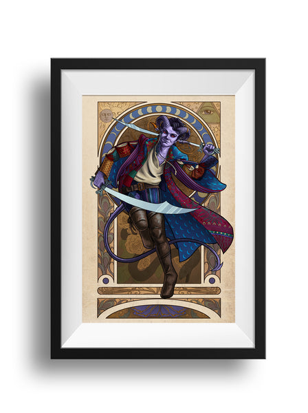 A framed art print of Mollymauk Tealeaf from Critical Role. He moves with both swords poised, before an art nouveau frame with elements of his tattoos and cards in the frame.