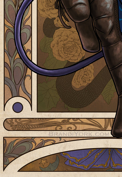 Details of Molly's legs and tail with the frame behind featuring peacock feathers, begonias, and a snake.
