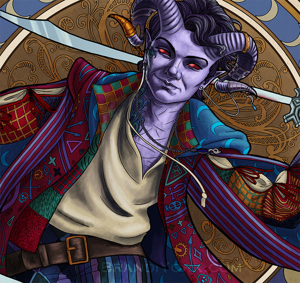 Details of Molly's face and torso with a swirling frame and moons behind.
