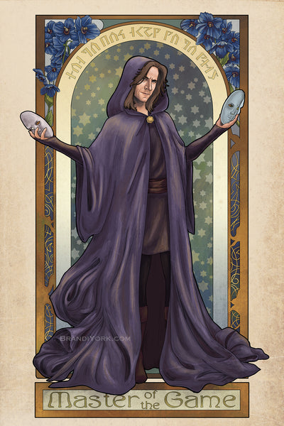 Art nouveau styled print of Matthew Mercer standing in long flowing robes, closed with a clasp reminiscent of a d20. Behind him is an archway filled with stars, above the portal is an inscription in dwarvish, which reads "How do you want to do this." The flowers around him are blue poppies, meaning "Imagination."