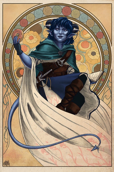 Art nouveau styled print of Jester from Critical Role sitting with her open sketchbook in her lap, holding a pink donut in her right hand. Behind her is a circular frame filled with lollipops, and pastries fill the inside of the frame. In the bottom corner of the frame is a tiny hamster unicorn.