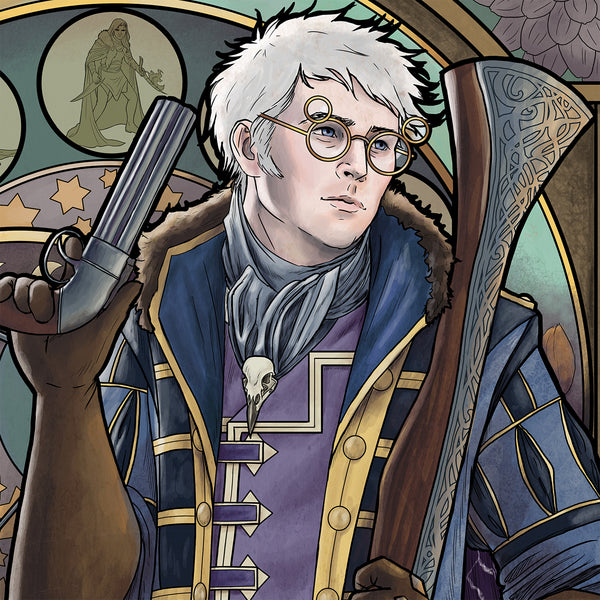 Detail shot of Percy's face, the top of Bad News, and Animus, held up next to Percy's head.