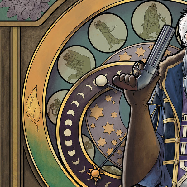 Details of the clock, including Vex, Vax, and Scanlan as part of the clock face details. Stars and a ring with the phases of the moon sit behind Percy's arm.