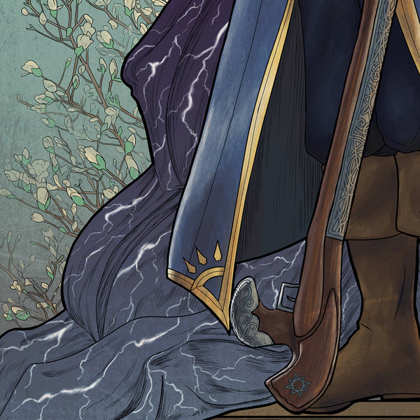 Detail shot of the grip of Bad News, with the cloak Cabal's Ruin draping behind. In the background, buds bloom on the Sun Tree.