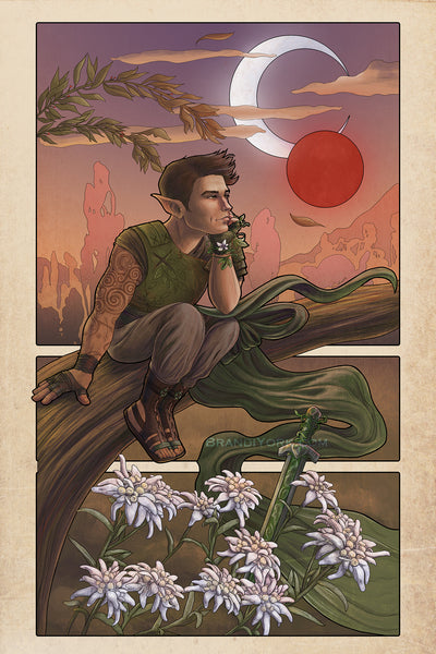 Orym sits upon a tree branch, looking off wistfully toward the sunset and the moons Catha and Ruidus as the wind blows through. Below him, his sword, Seedling, is stuck in the ground among edelweiss, which mean devotion and courage.