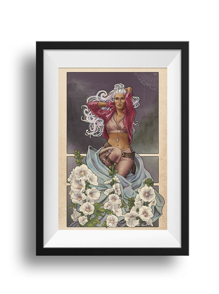 Framed art of Opal from Critical Role, Exandria Unlimited, sits with arms up, fixing her hair. White hollyhocks grow up in front of her, and a spider drops from a web in the corner.