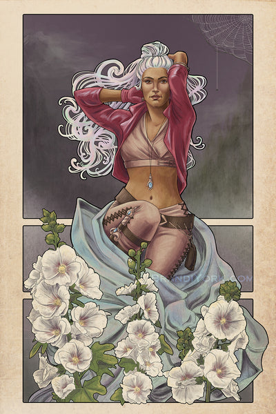 Opal from Critical Role, Exandria Unlimited, sits with arms up, fixing her hair. White hollyhocks grow up in front of her, and a spider drops from a web in the corner.