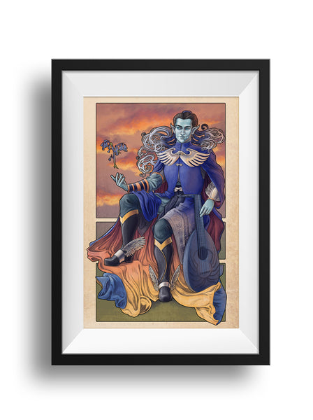 A framed print of Dorian sitting, a hand on his lute, one leg perched higher with his other hand resting, a cut bluebell hovering over his hand, representing loyalty, constancy, humility, and gratitude. An orange sunset behind strikes a counter to his blue vestments and lute, with cloak of radiant sunset pooling at his feet on the grass.