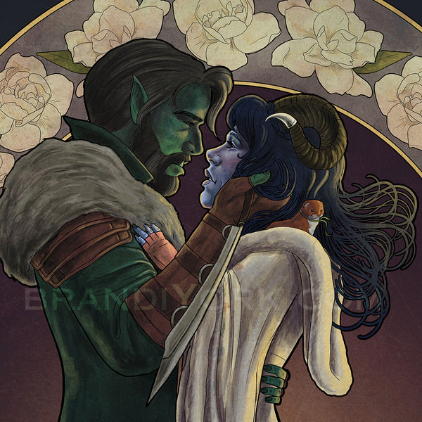 Detail shot of Fjord cupping Jester's cheek, with Sprinkle on Jester's shoulder.