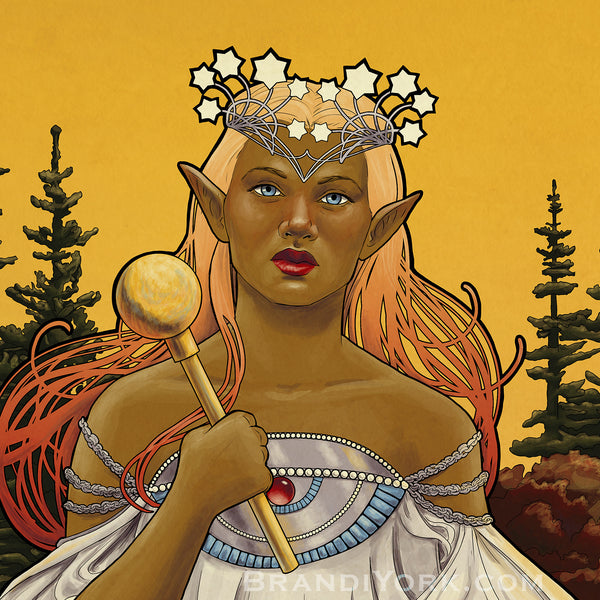 Details of the face of the elf empress against a dark yellow sky. She holds a scepter and is crowned with stars. Tall evergreen trees stand in the background.