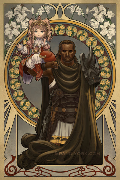 Art of Final Fantasy 14's Sultana perched on the arm of Raubahn, her hand up. Behind are flowers in an intricate frame.