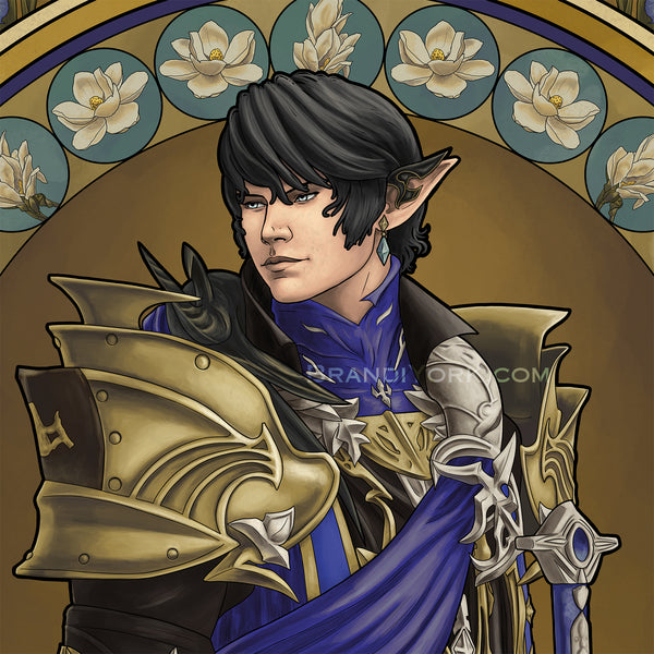 Close up of Aymeric's face and shoulder armor, with magnolias behind him