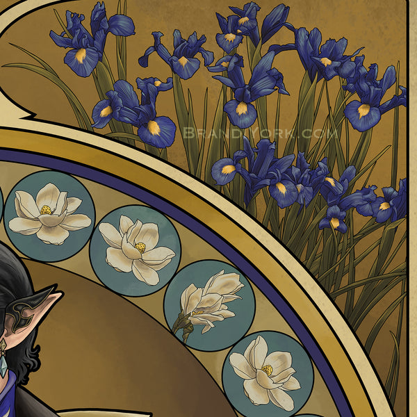 Detail shot of the irises in the top corner of the frame, and magnolias.