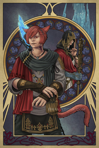 G'raha Tia stands in the foreground, one hand wrapped around the wrist of his other as he stares off, a slight smile on his face. Behind him, the Crystal Exarch holds his staff in his crystalline hand, his other hand held up with a finger lifted in a "shhh" motion. Above the Exarch is the Crystal Tower. In the frame around are lungwort flowers, which mean, "Thou art my life."