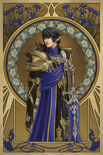 Aymeric stands, looking back over his shoulder, one hand on his sword, Naegling. Behind him is a ring of magnolia flowers, which mean nobility and perseverance. Above him in the frame are blue irises, which mean hope and faith.