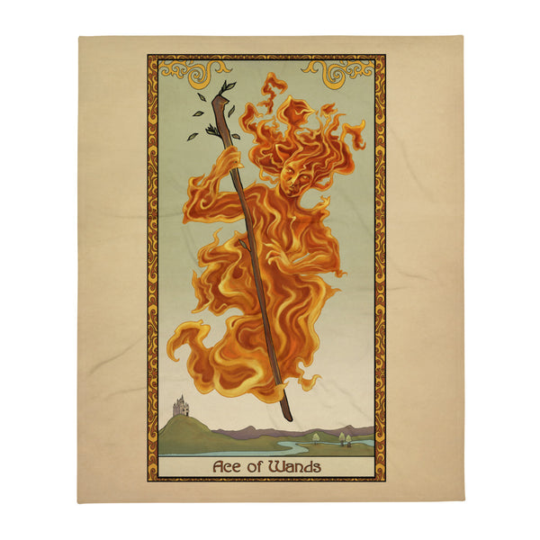 A blanket featuring the Ace of Wands card from the Tabletop Tarot deck. A fire elemental hovers, holding a long wooden branch with a few leaves on it. A decorative border surrounds the art with the words "Ace of Wands" at the bottom.
