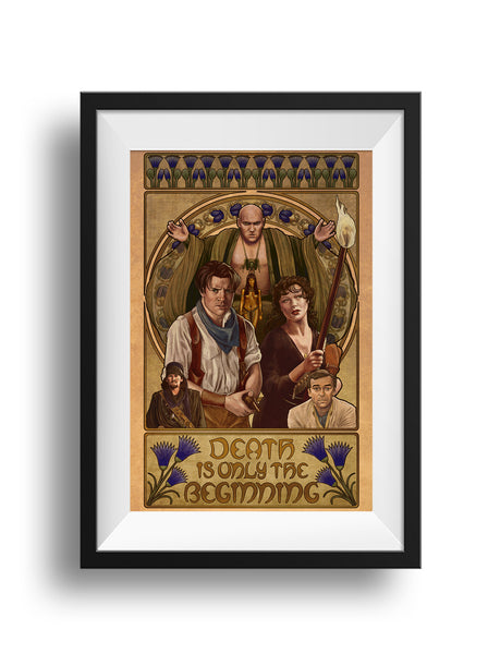 A framed picture of The cast of The Mummy (1999) in an art nouveau style. Across the top is a decorative frame of lotus flowers. In the middle of the piece is a circular frame of scarab beetles with Imhotep, O'Connell, Evelyn, Anck-su-namun, Ardeth Bay, and Jonathan. At the bottom is another frame with the words, "Death Is Only The Beginning" with lotus flowers on the sides.