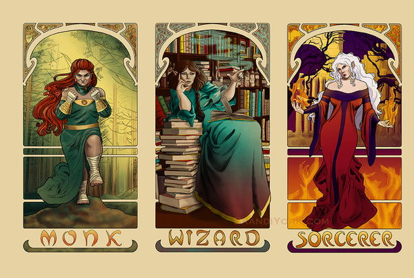 A group consisting of a dwarven Monk ready for a fight, an elven Wizard practicing her spells, and a half-elven Sorcerer ready to burn it all down.