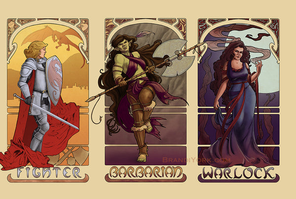A group consisting of a human Fighter, wearing full plate armor with sword and shield, a half-orc barbarian with a great axe, and a human warlock, casting a spell.