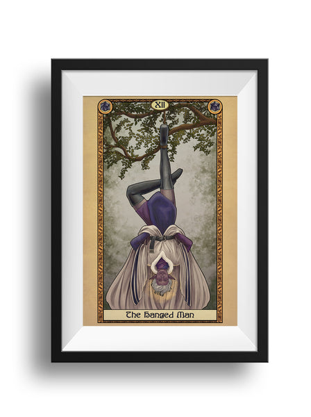 A framed print of a dark elf hanging upside down from a tree, his robs falling down behind his head. One leg is straight while one leg is bent at the knee, crossing over the straight leg. The whole piece is framed with a decorative border and the words "The Hanged Man" at the bottom.