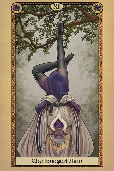 A dark elf hanging upside down from a tree, his robs falling down behind his head. One leg is straight while one leg is bent at the knee, crossing over the straight leg. The whole piece is framed with a decorative border and the words "The Hanged Man" at the bottom.