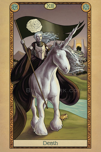 A pale armored figure rides atop a unicorn. She holds aloft a black banner with a white rose on it. Her gown drapes down to the ground, where a crown lays on the grass. The art is surrounded by a decorative border with the word "Death" at the bottom.