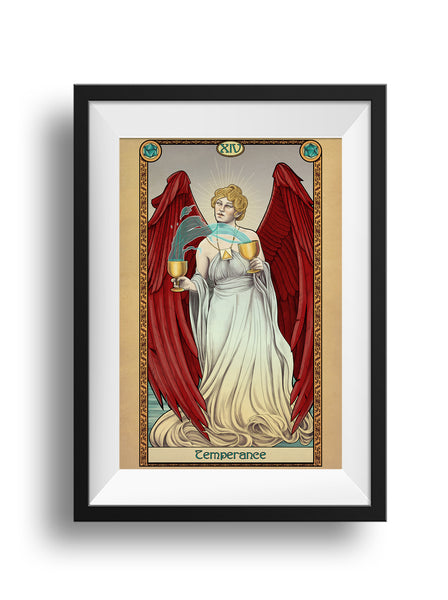 A framed print of an angelic figure with red wings and white robes stands with a cup in each hand, water flowing up from one cup and to the other. A decorative border surrounds the figure with the word "Temperance" at the bottom.