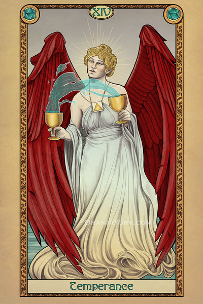 An angelic figure with red wings and white robes stands with a cup in each hand, water flowing up from one cup and to the other. A decorative border surrounds the figure with the word "Temperance" at the bottom.
